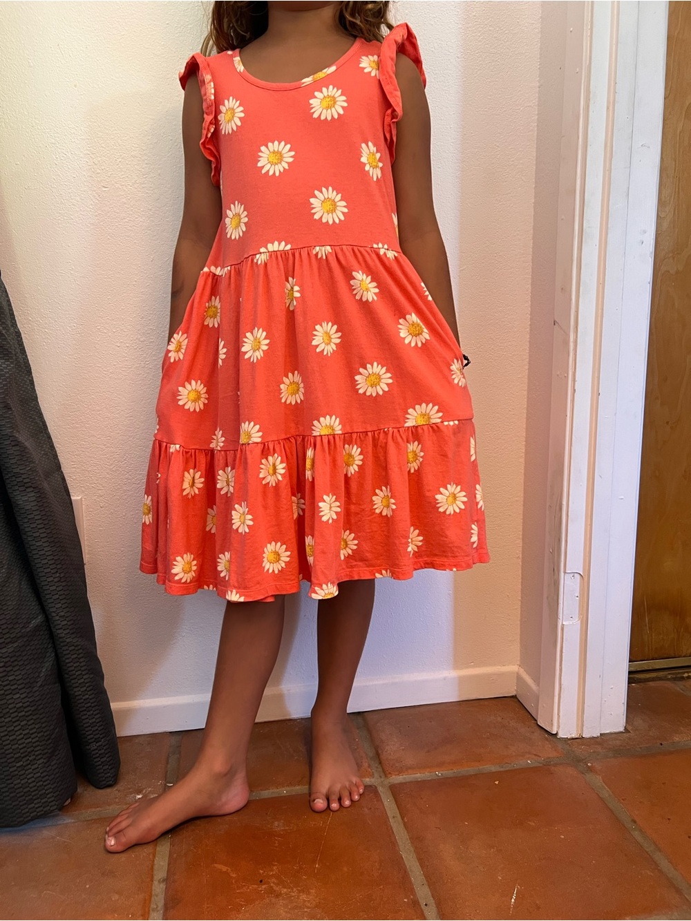Girls Coral Daisy Ruffle-Sleeve Tiered Dress